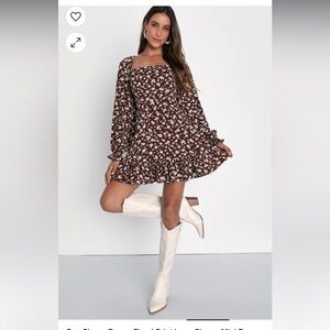 Lulu’s - Coy Charm Brown Floral Print Long Sleeve Mini Dress